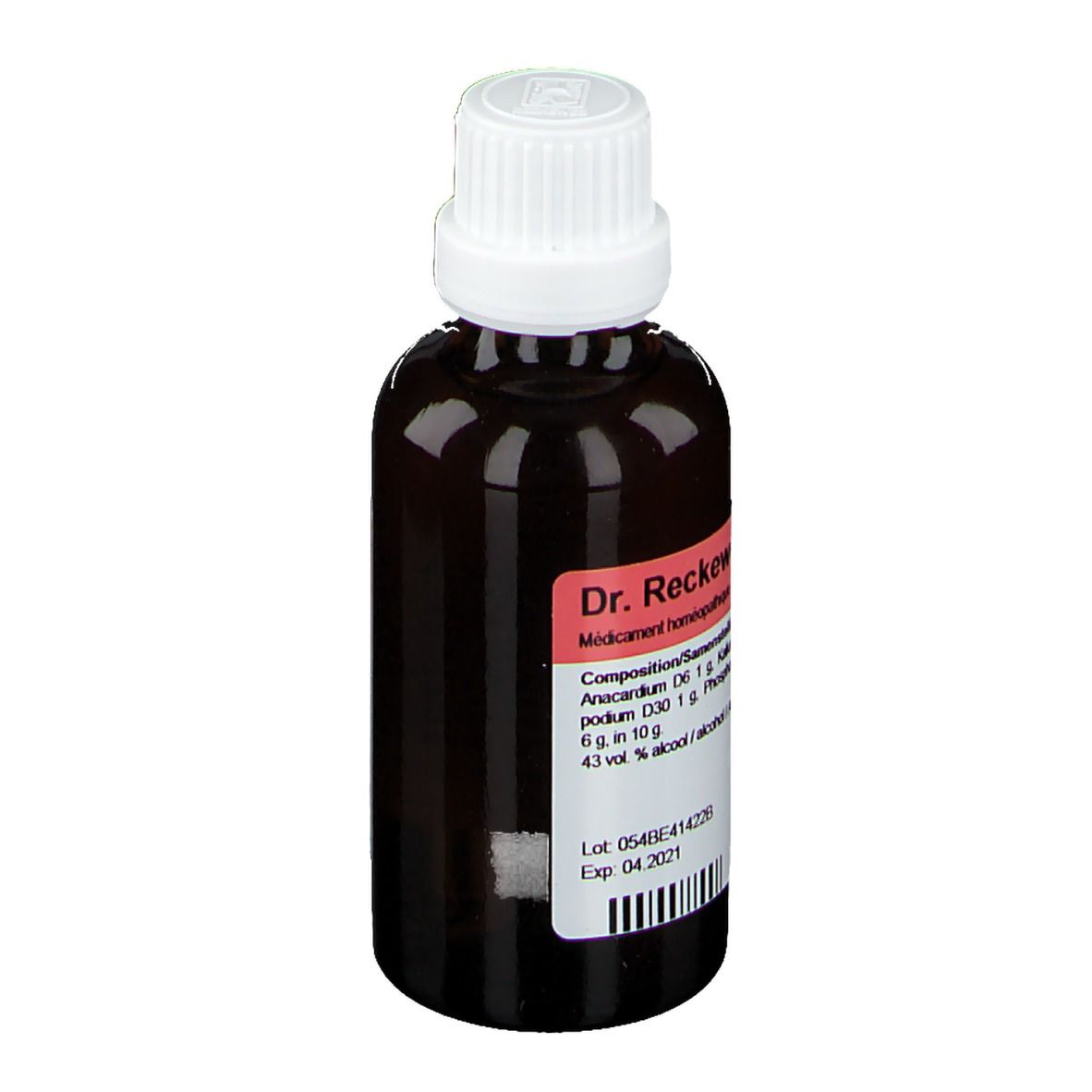 Bruine glazen fles met witte dop. Etiket met productinformatie. Merk: Dr. Reckeweg.