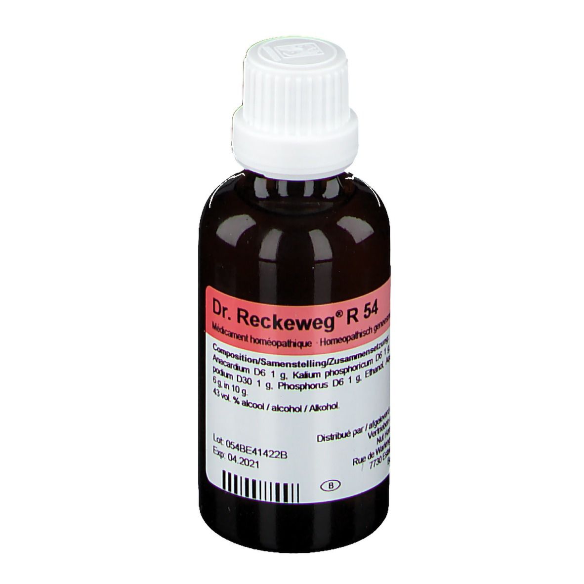 Bruine glazen fles met witte dop. Etiket met productinformatie. Merk: Dr. Reckeweg R 54.