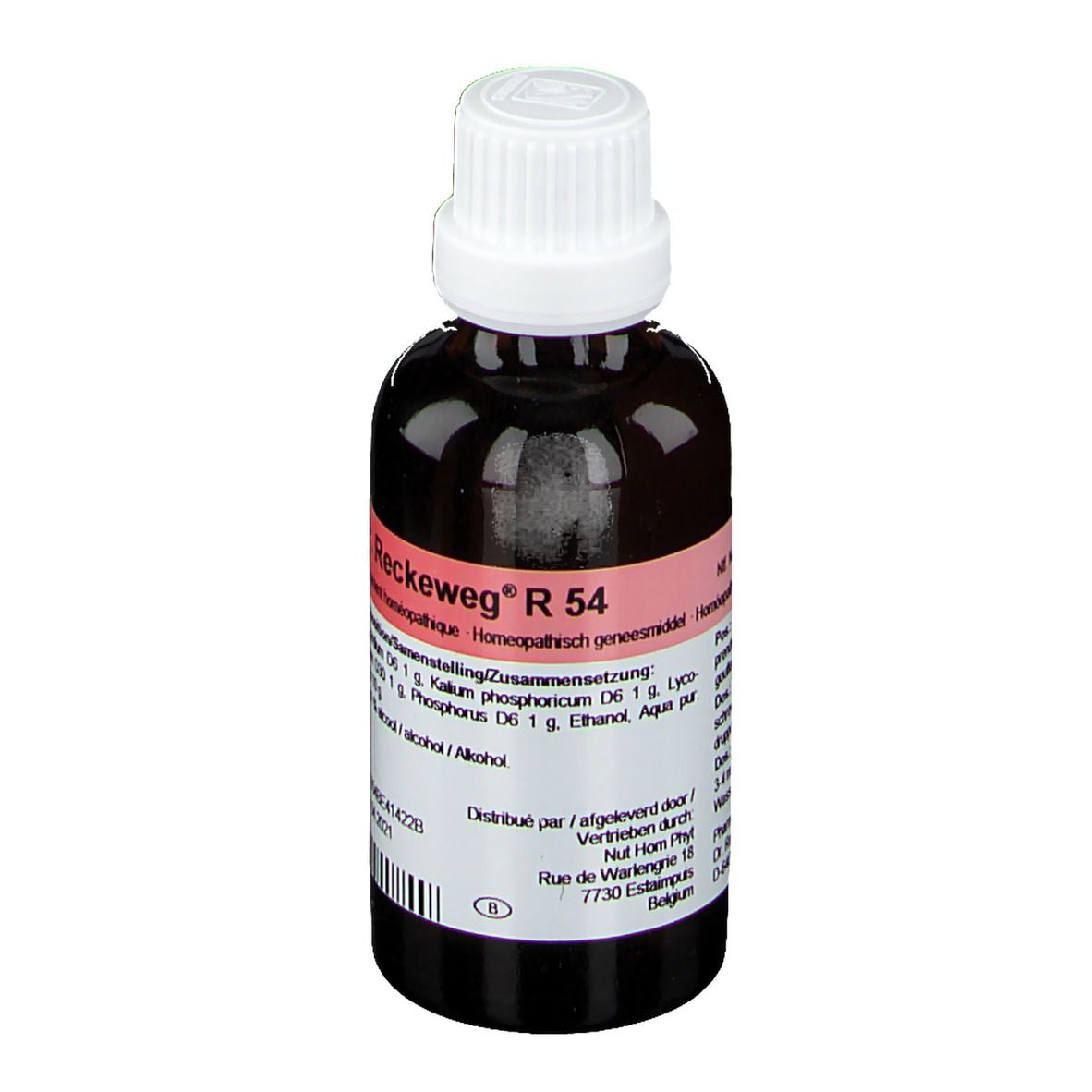 Bruine glazen fles met witte dop. Etiket met productinformatie. Merk: Reckeweg R 54.