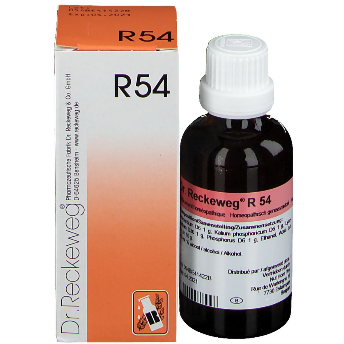 Bruine glazen fles met witte dop en verpakking. Verpakking met productnaam R54 en merk Dr. Reckeweg.