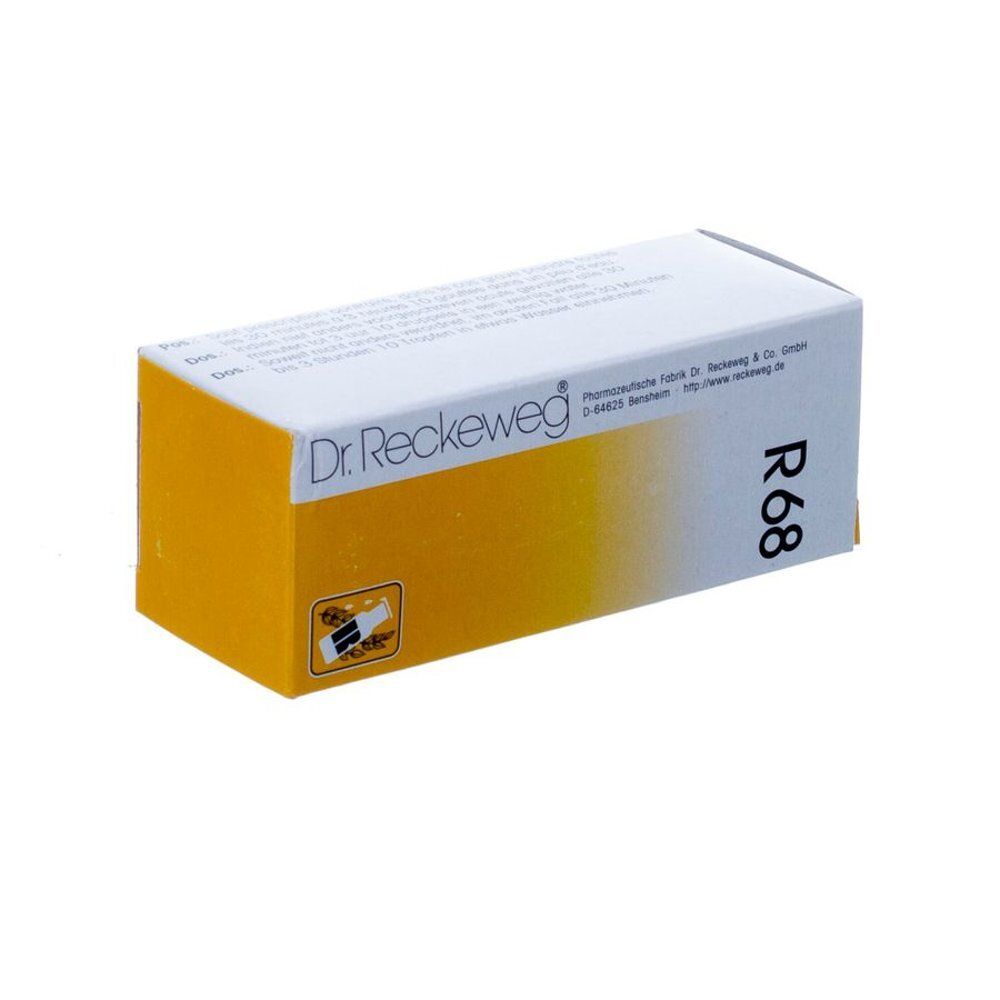 Boîte en carton avec des zones jaunes et blanches. Inscription "Dr. Reckeweg" et "R 68".