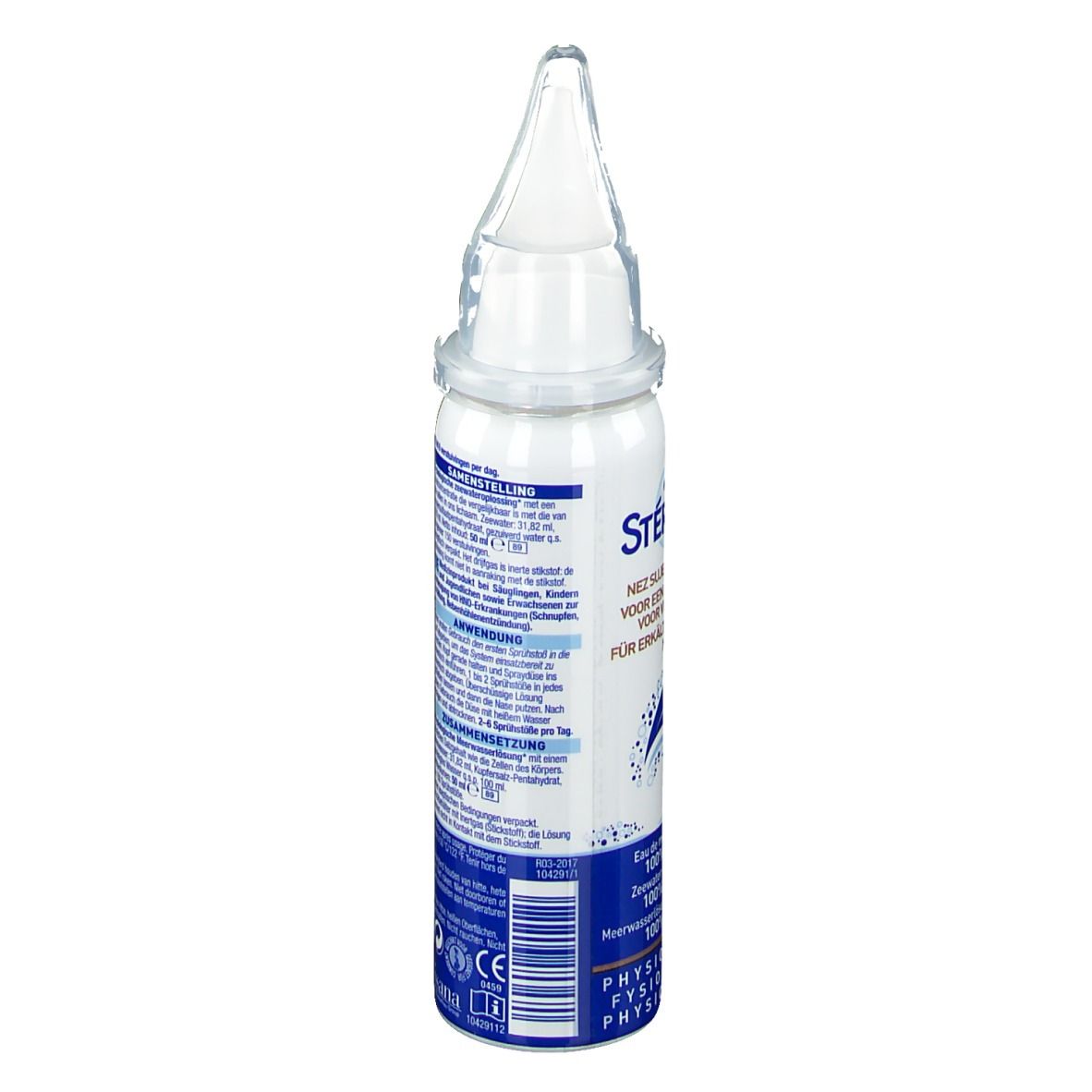 STÉRIMAR® neussprayfles. Achteraanzicht. Wit-blauwe fles met sproeikop. Tekstinformatie.
