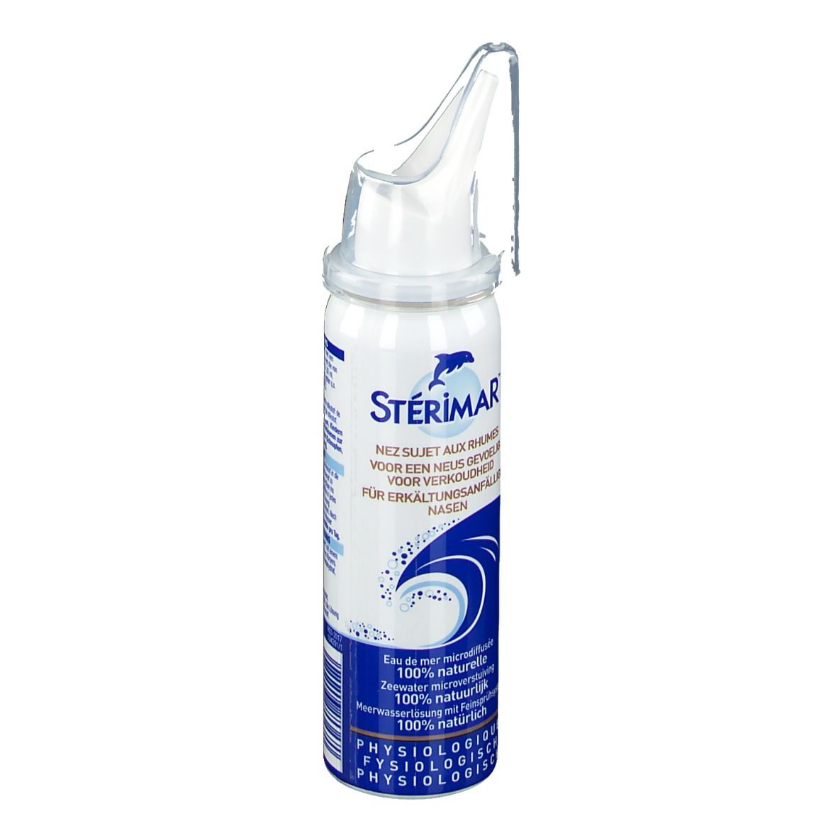 STÉRIMAR® neussprayfles. Wit-blauwe fles met sproeikop. Voor verkoudheid gevoelige neuzen.