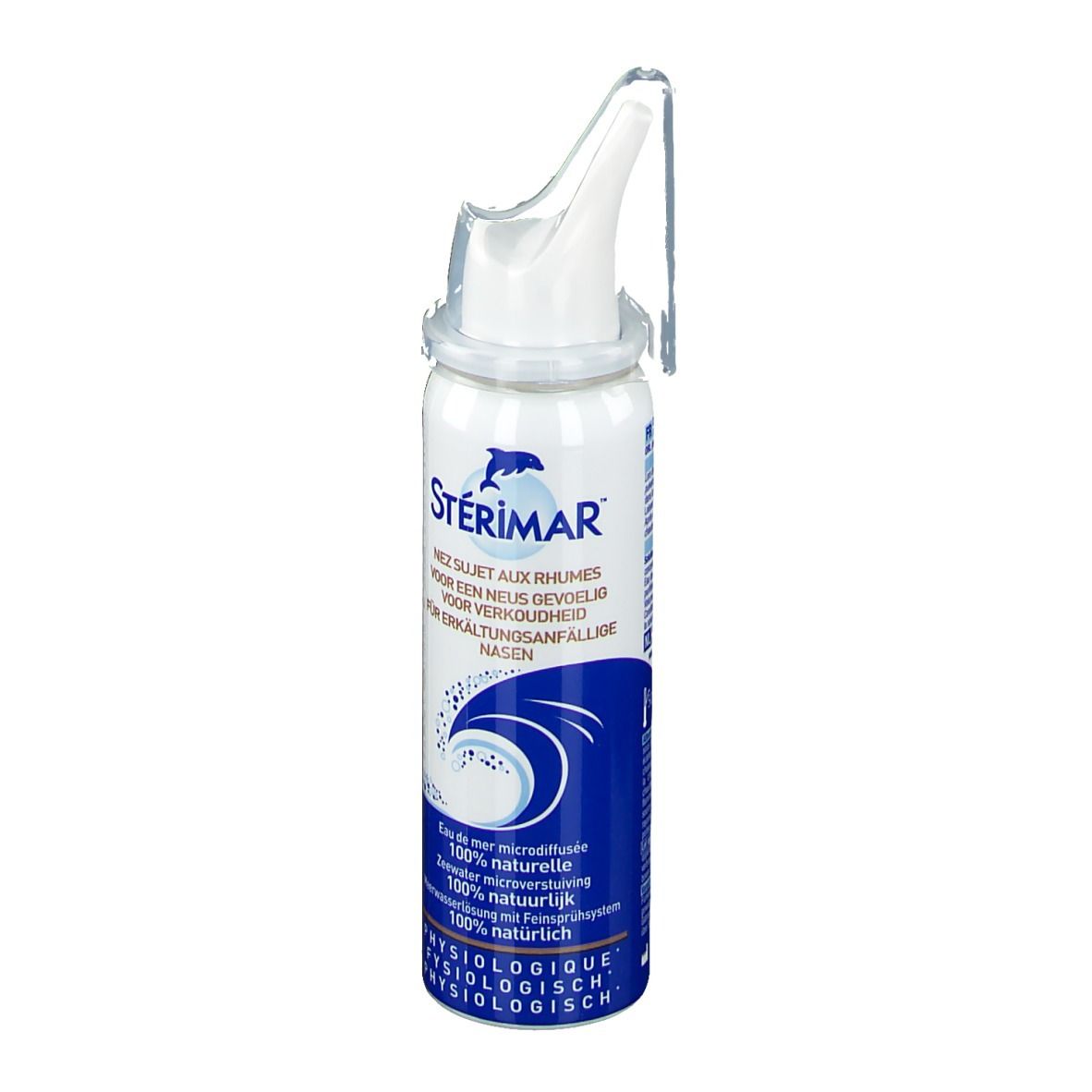 STÉRIMAR® neussprayfles. Wit-blauwe fles met sproeikop. Voor verkoudheid gevoelige neuzen.