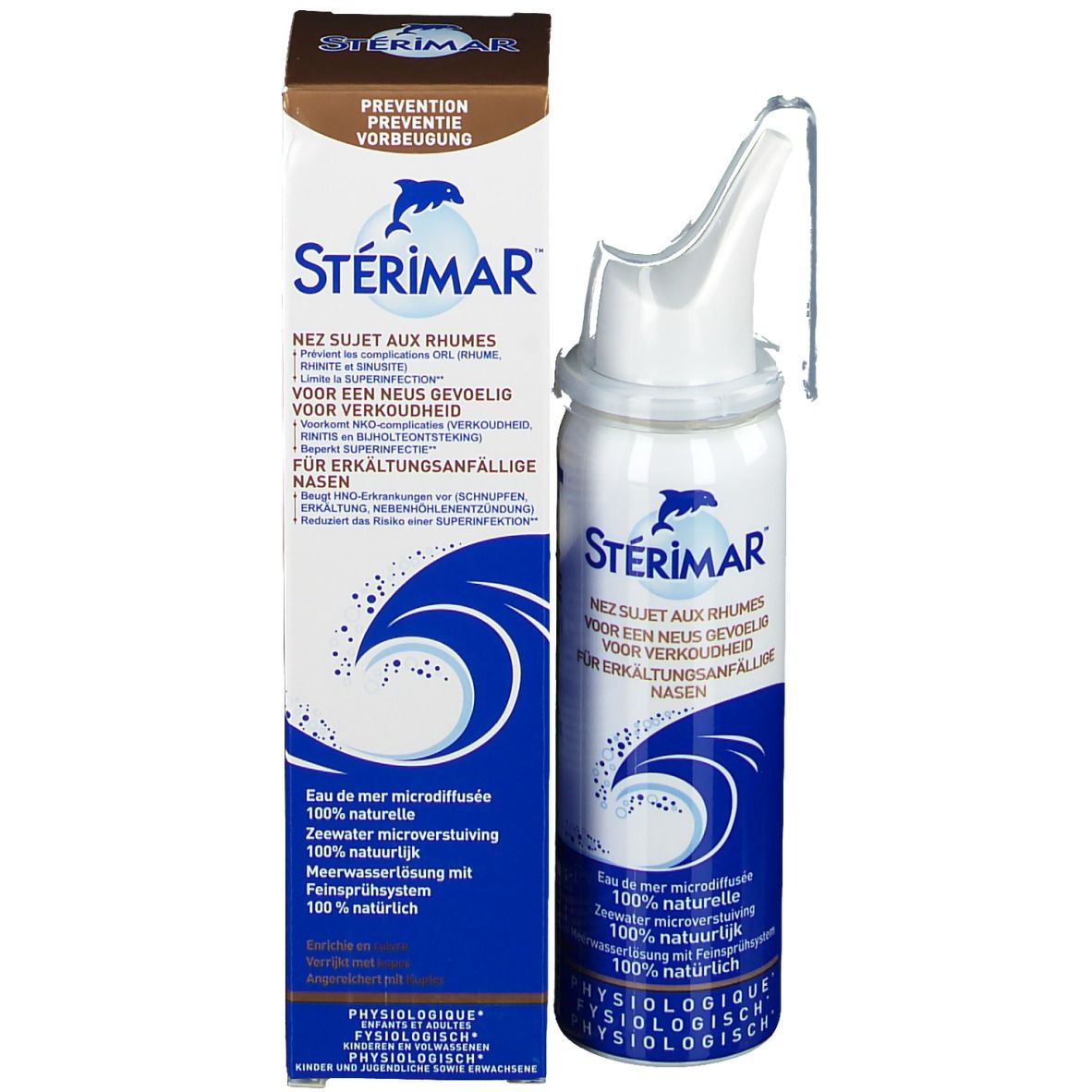 STÉRIMAR® neussprayfles en verpakking. Wit-blauwe fles en doos. Voor verkoudheid gevoelige neuzen.