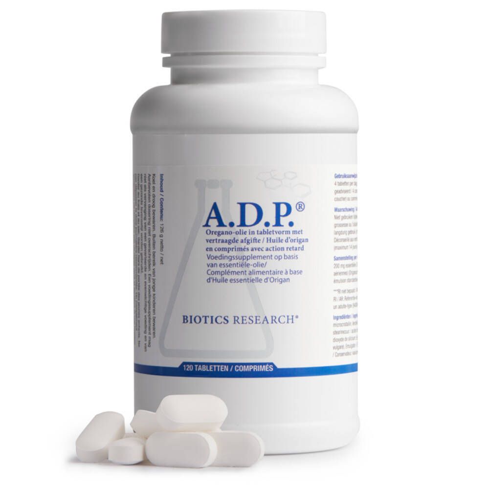 Bouteille blanche avec A.D.P.® Produit anti-dysbiose, 120 comprimés.