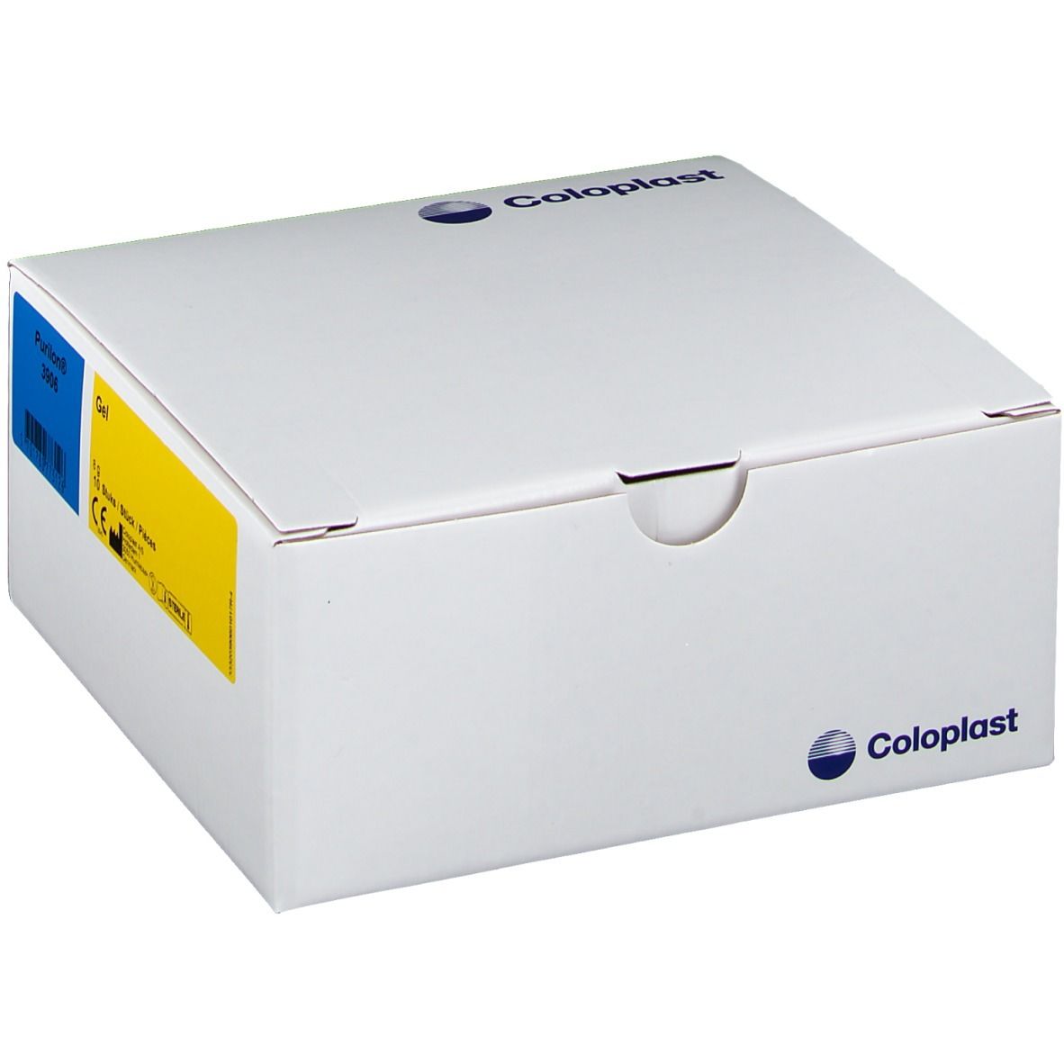 Witte doos met Coloplast-logo. Blauwe en gele labels met productinformatie.