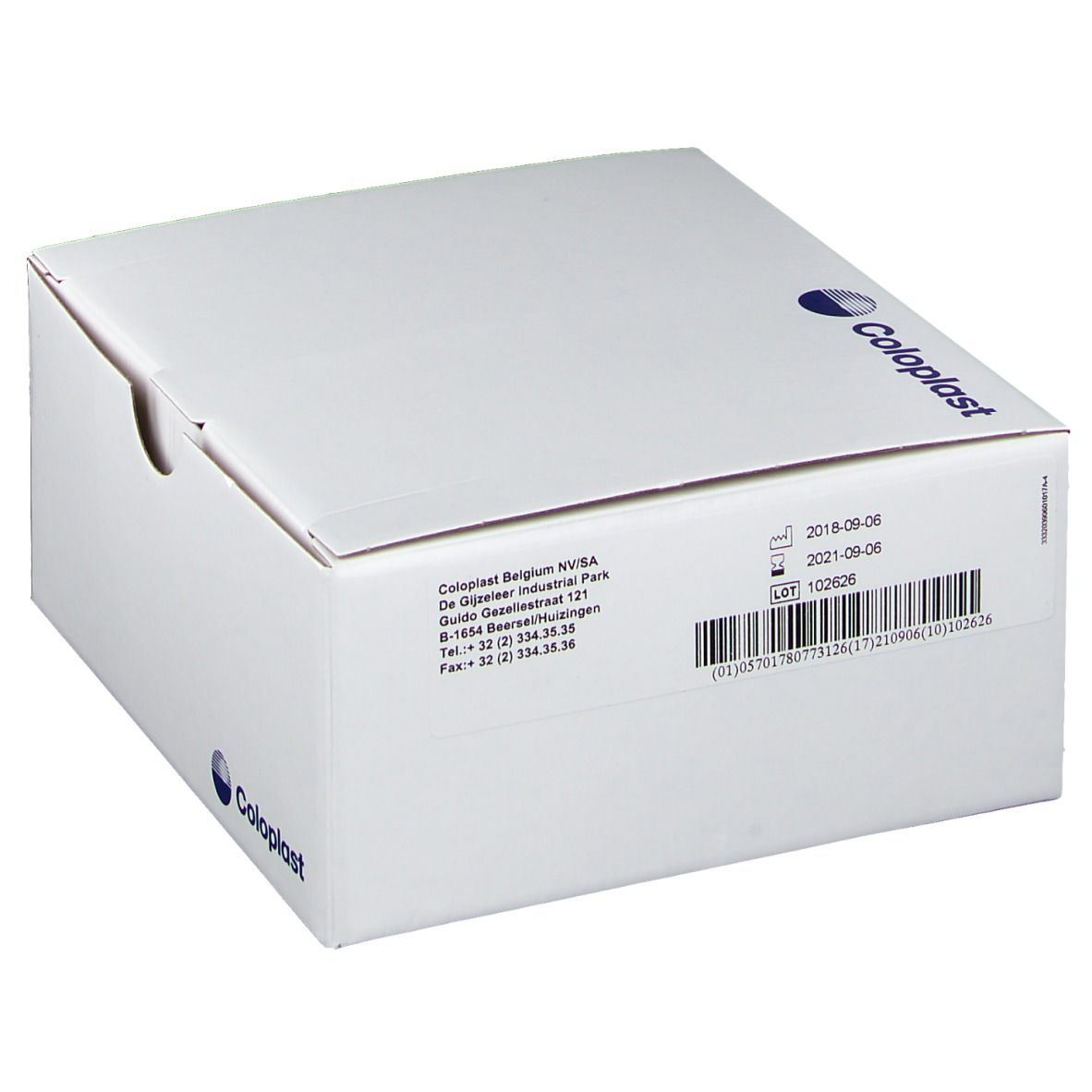 Witte doos met Coloplast-logo. Bedrukking met adres, datum en barcode.