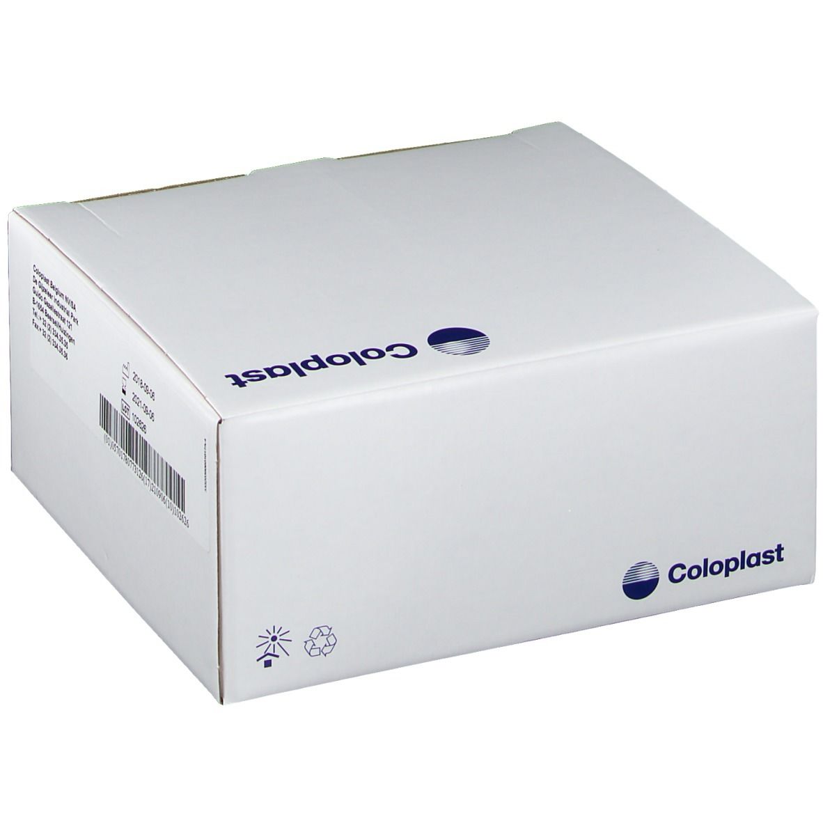 Witte doos met Coloplast-logo. Bedrukking met adres en recyclingsymbolen.