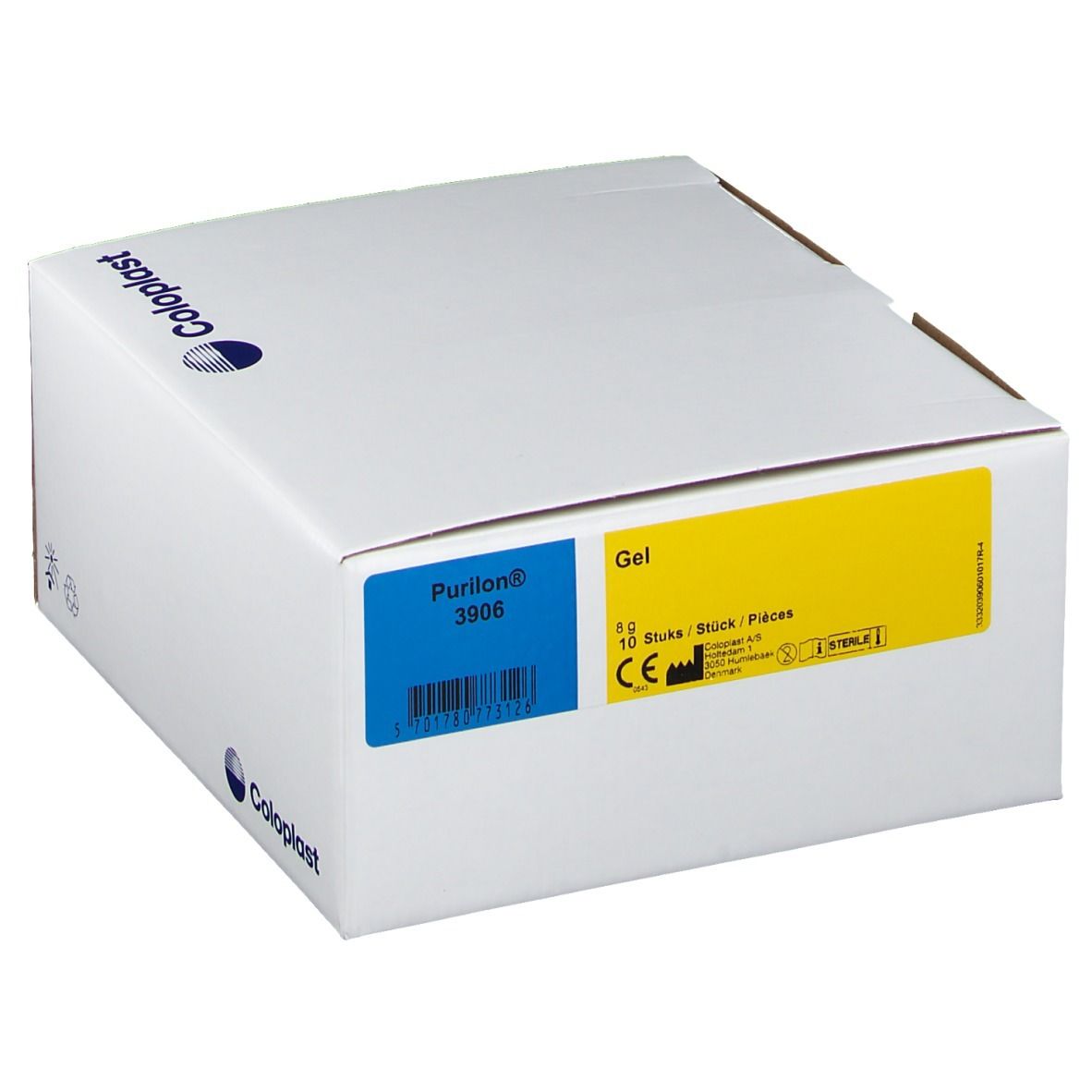 Witte doos met Coloplast-logo. Blauwe en gele labels met productinformatie.