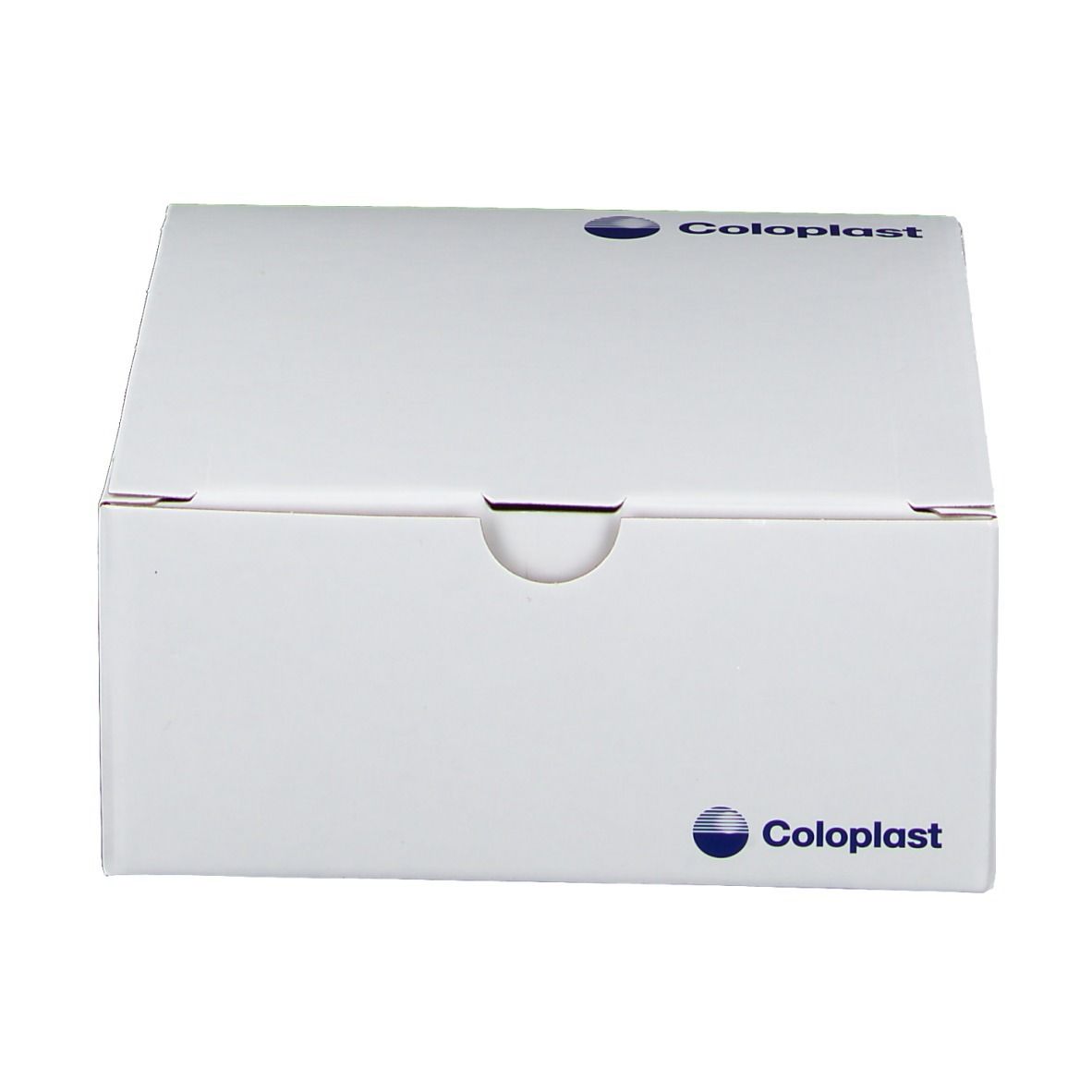Witte doos met Coloplast-logo. Deksel met afgeronde opening.