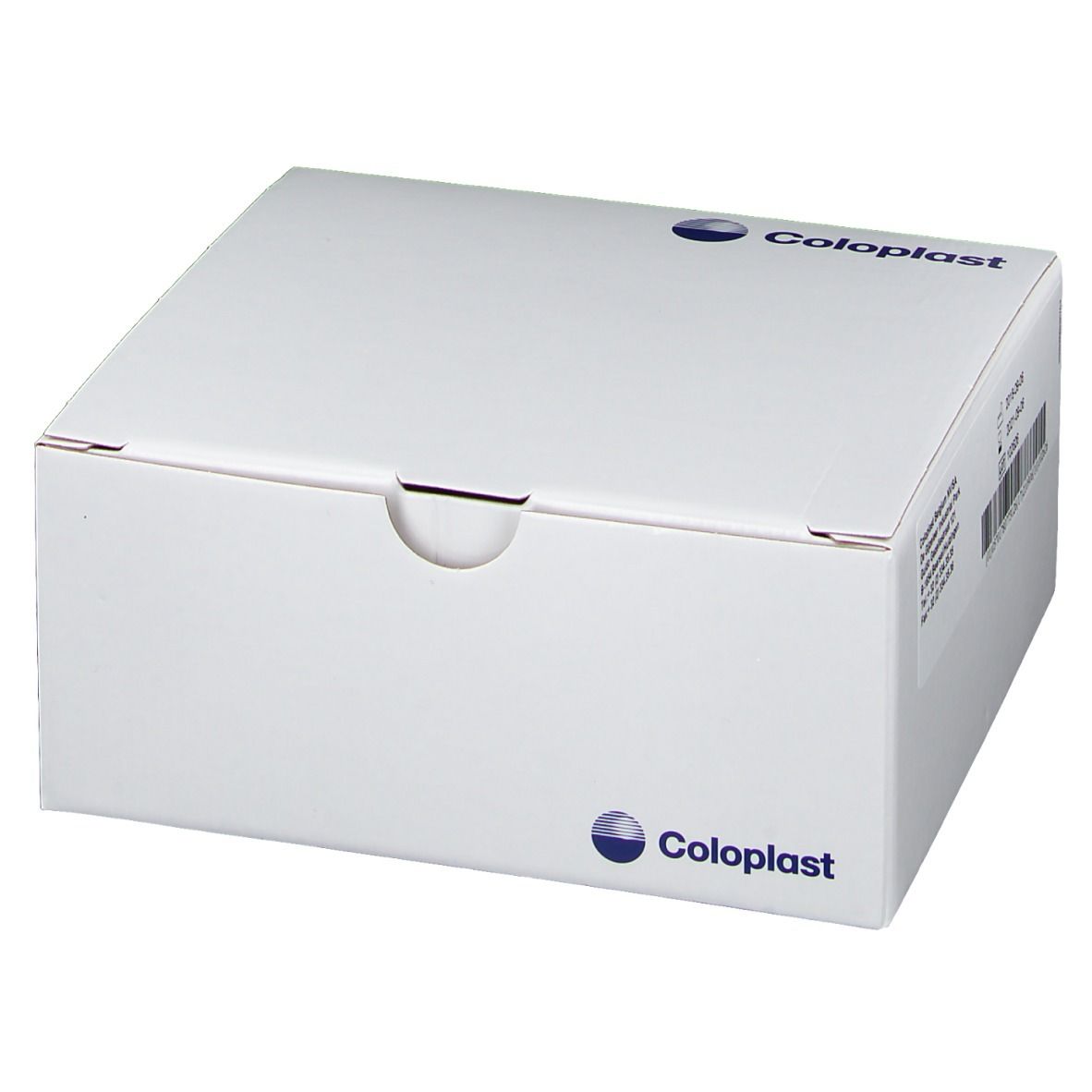 Witte doos met Coloplast-logo. Deksel met afgeronde opening.