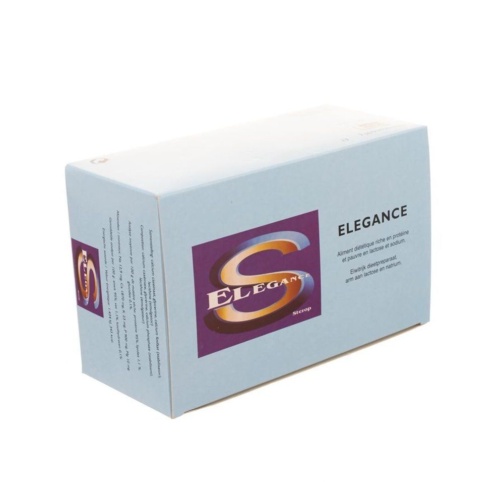 Boîte de produit bleu clair avec le mot "Elegance". Logo avec la lettre "S" et le mot "Elegance".