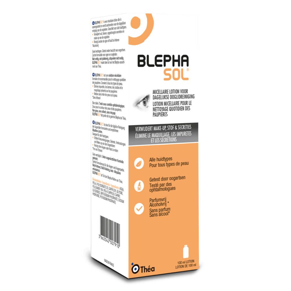 Productverpakking. Opschrift: BLEPHASOL. Tekst in het Nederlands en Frans. 100 ml. Logo Théa. Zonder parfum en alcohol.