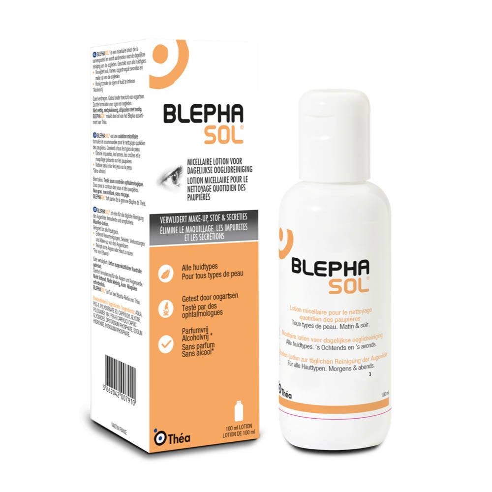 Verpakking en fles. Opschrift: BLEPHASOL. Tekst in het Nederlands en Frans. 100 ml. Logo Théa. Zonder parfum en alcohol.