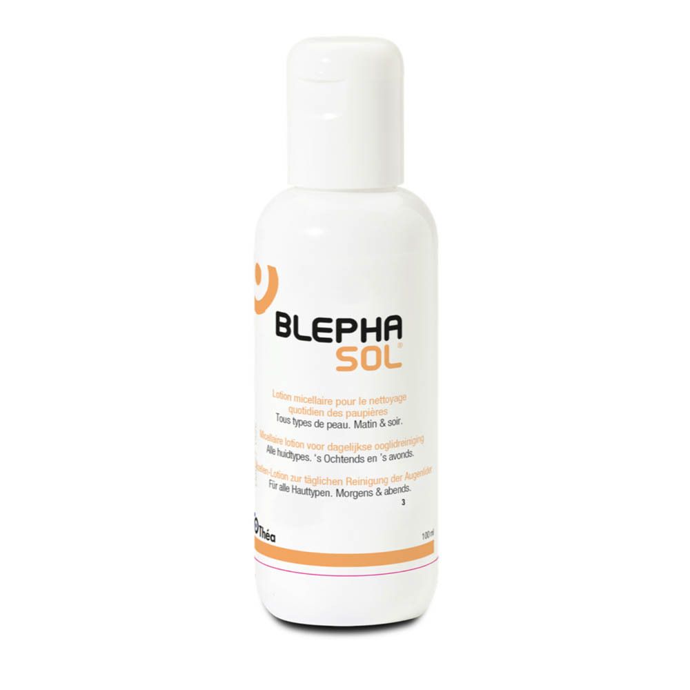 Witte fles met witte dop. Opschrift: BLEPHASOL. Tekst in het Duits en Frans. 100 ml. Logo Théa. Zonder parfum en alcohol.