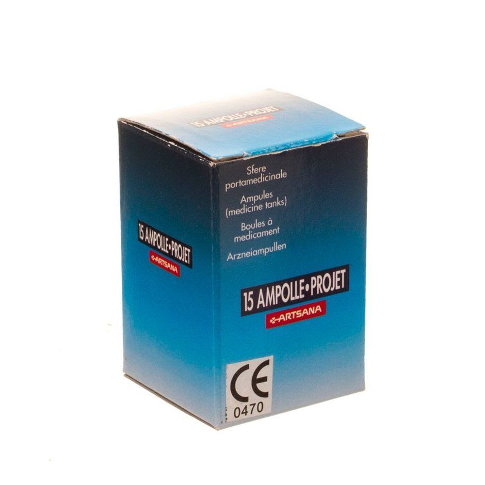 Boîte bleue et blanche "15 AMPOLE-PROJET". Contient des ampoules. Avec marquage CE et logo "ARTSANA".