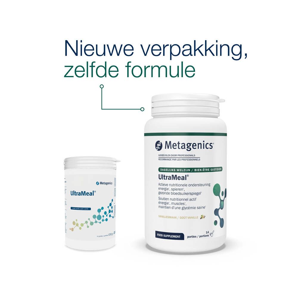 Achterkant van de witte pot. Tekst en voedingswaarde-informatie. Merk Metagenics. 630g.