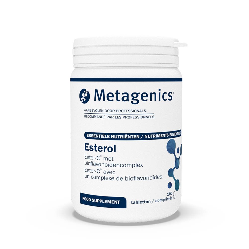 Witte pot met Metagenics Esterol tabletten. Opschrift Esterol, 100 tabletten. Blauwe achtergrond met molecuul-afbeelding.
