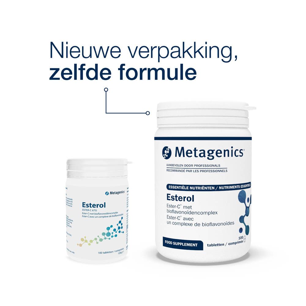 Witte pot met Metagenics Esterol tabletten. Opschrift Esterol, 100 tabletten. Blauwe achtergrond met molecuul-afbeelding.
