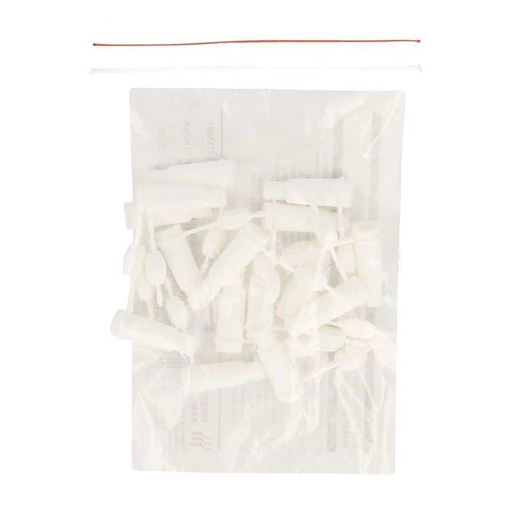 Diverse witte kunststof conische adapters in een transparante zak met rode sluiting. Sommige adapters zitten nog aan een frame.