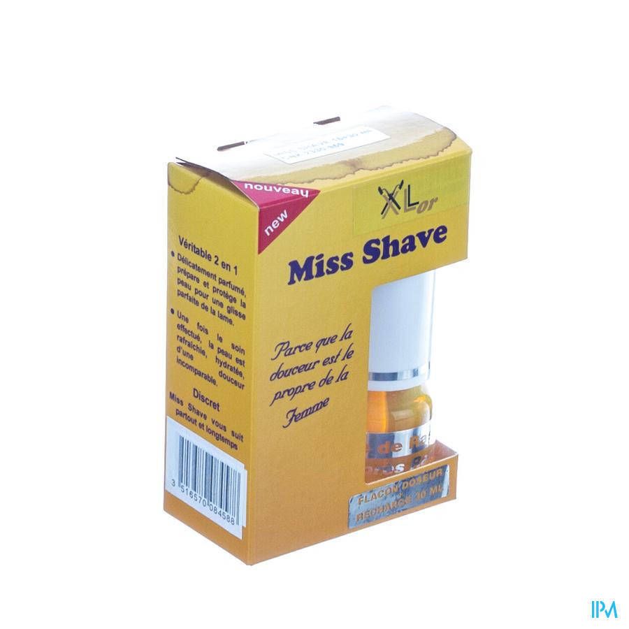 Verpakking van XLor Miss Shave 2in1. Gele doos met product en tekst. Opschrift: Miss Shave, 2 en 1.