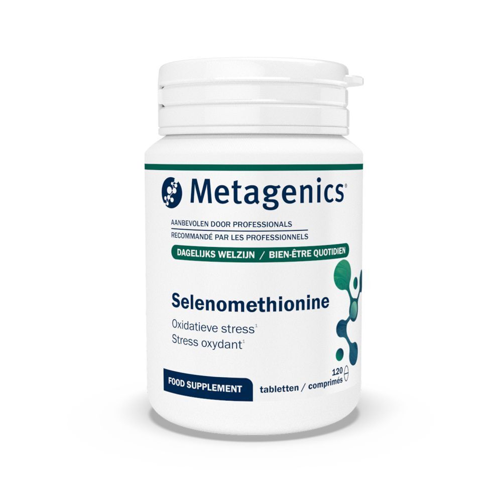 Flacon blanc de comprimés de sélénométhionine. Marque Metagenics. 120 comprimés, 28g.