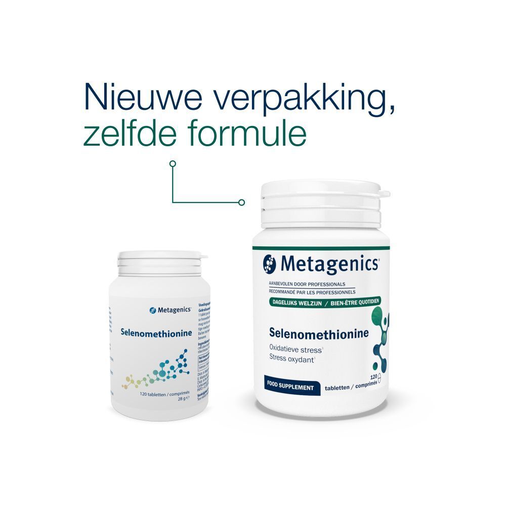 Achterkant van een witte fles met Selenomethionine tabletten. Tekst en barcode.