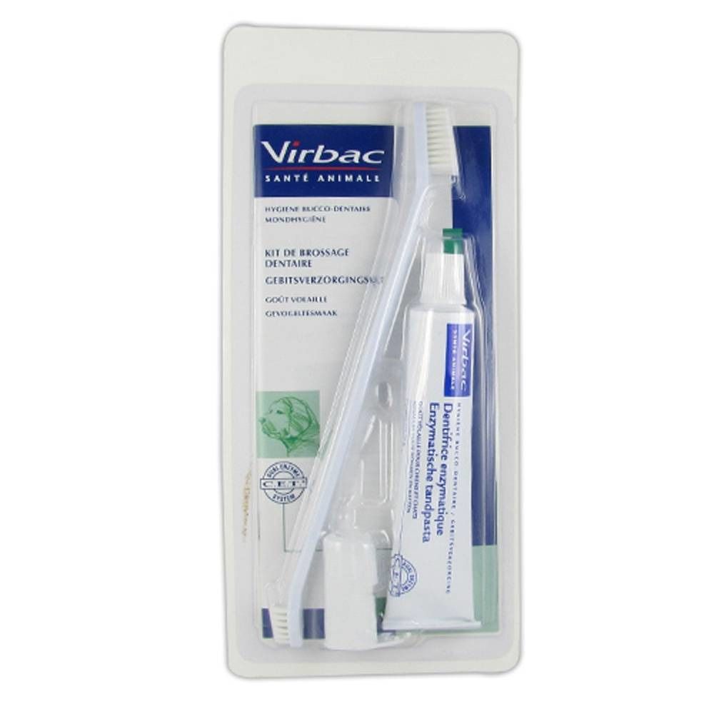 Kit de soins dentaires pour chiens en emballage blister. Comprend brosse à dents, dentifrice et applicateur. Marque : Virbac.