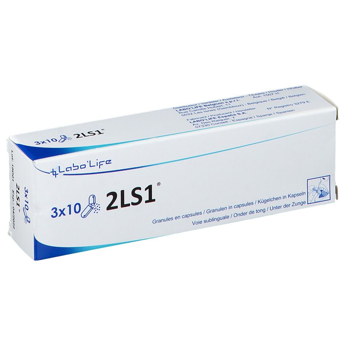Witte doos met blauwe accenten. Opschrift: 3x10 2LS1, Labo'Life logo. Bevat capsules.