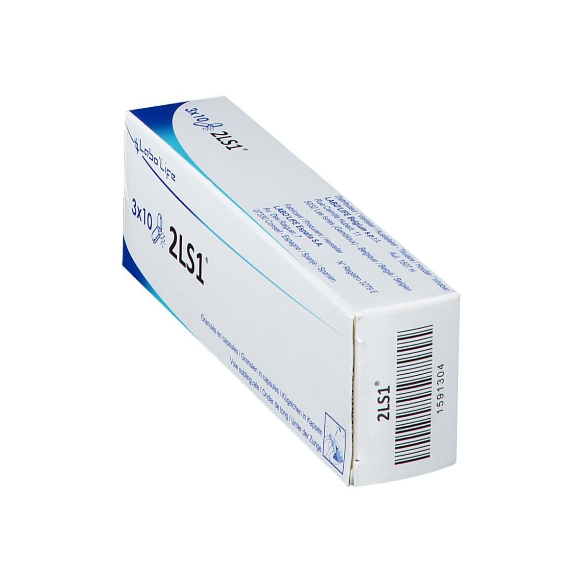 Doos met blauwe accenten. Opschrift: 2LS1, barcode. Labo'Life logo. Bevat capsules.