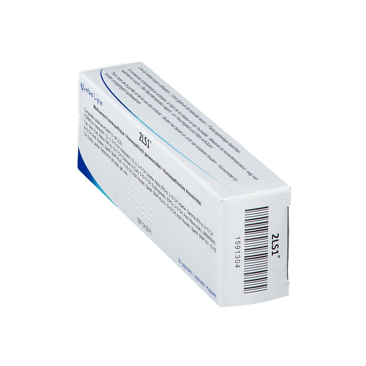 Doos met tekst en barcode. Opschrift: 2LS1, Labo'Life logo. Bevat capsules. Homeopathisch geneesmiddel.