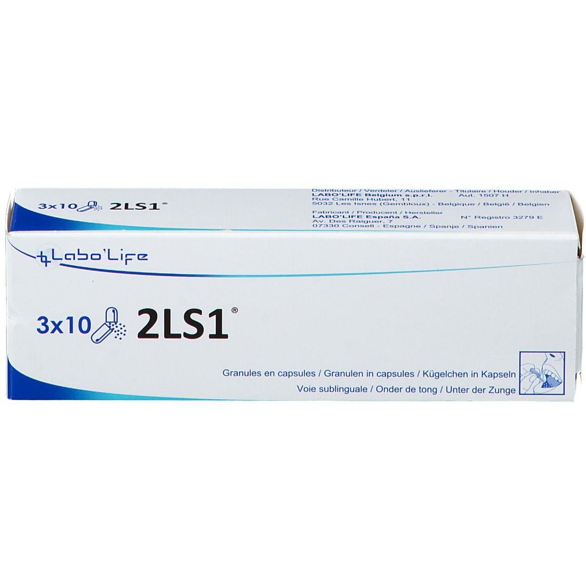 Witte doos met blauwe accenten. Opschrift: 3x10 2LS1, Labo'Life logo. Bevat capsules.