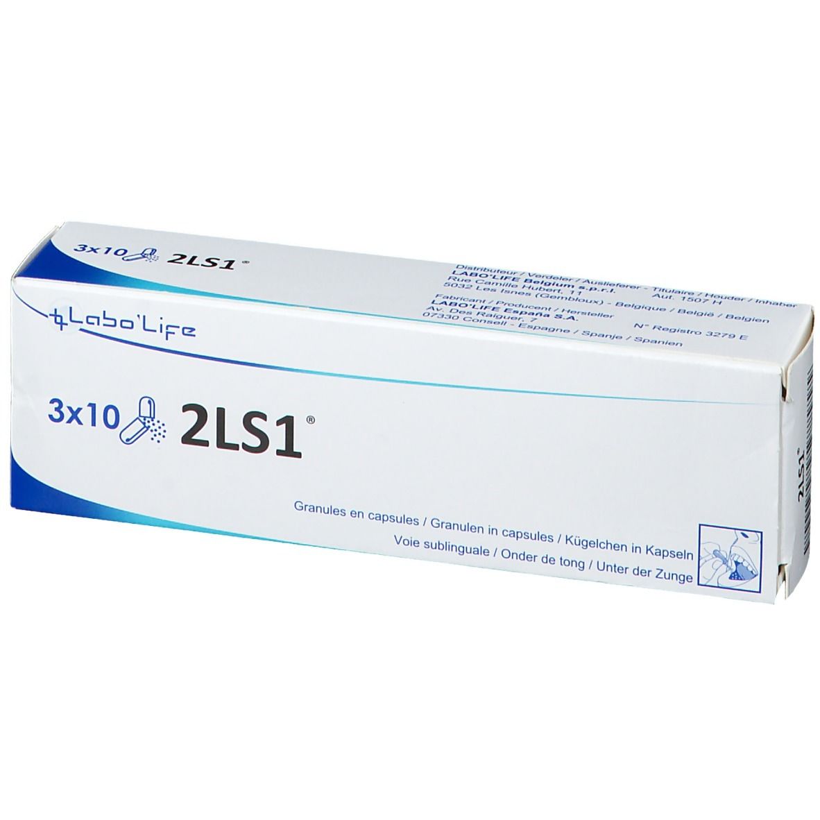 Witte doos met blauwe accenten. Opschrift: 3x10 2LS1, Labo'Life logo. Bevat capsules.