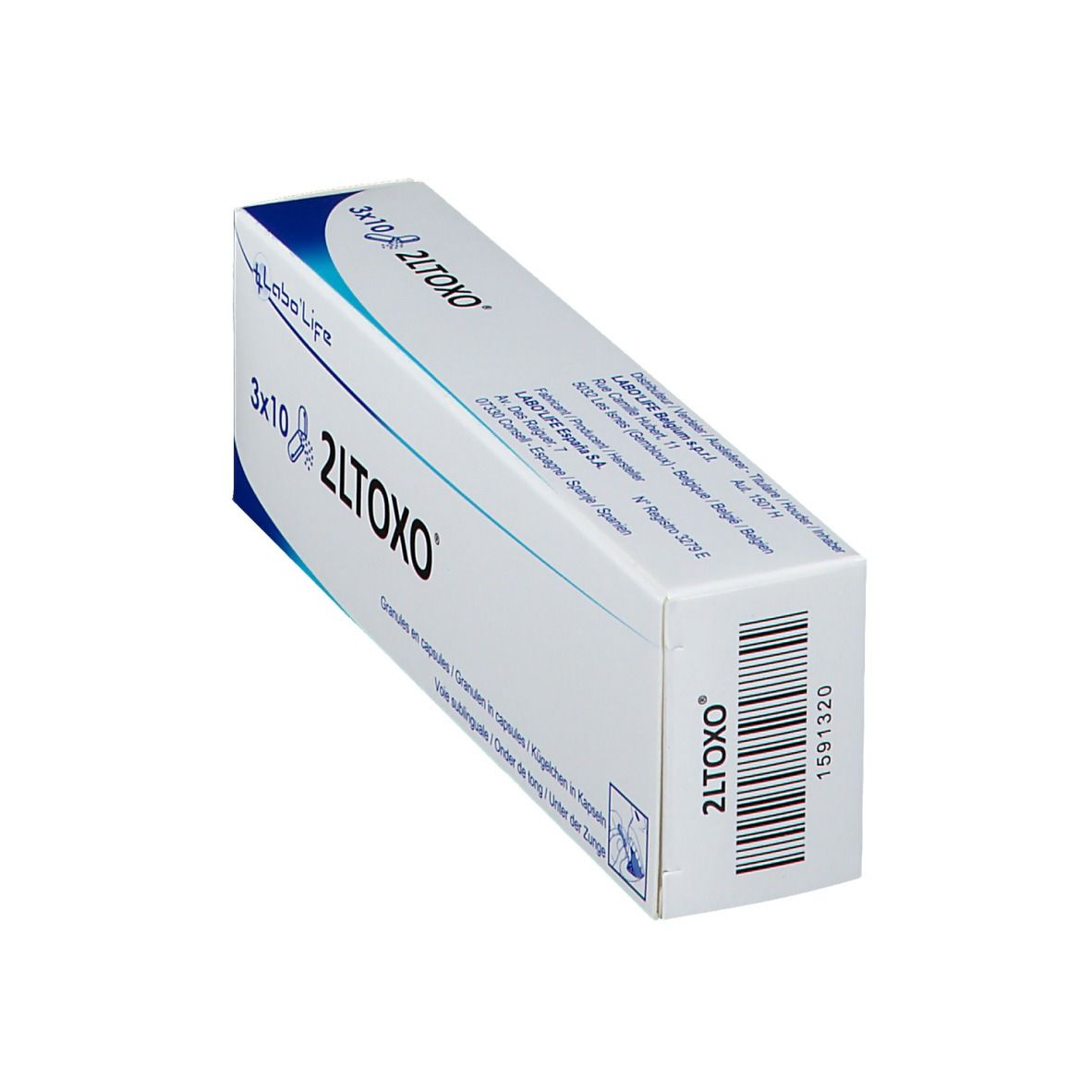 Doosje 2LTOXO, schuin van bovenaf. Witte verpakking met blauw design. Barcode en productnaam zichtbaar.