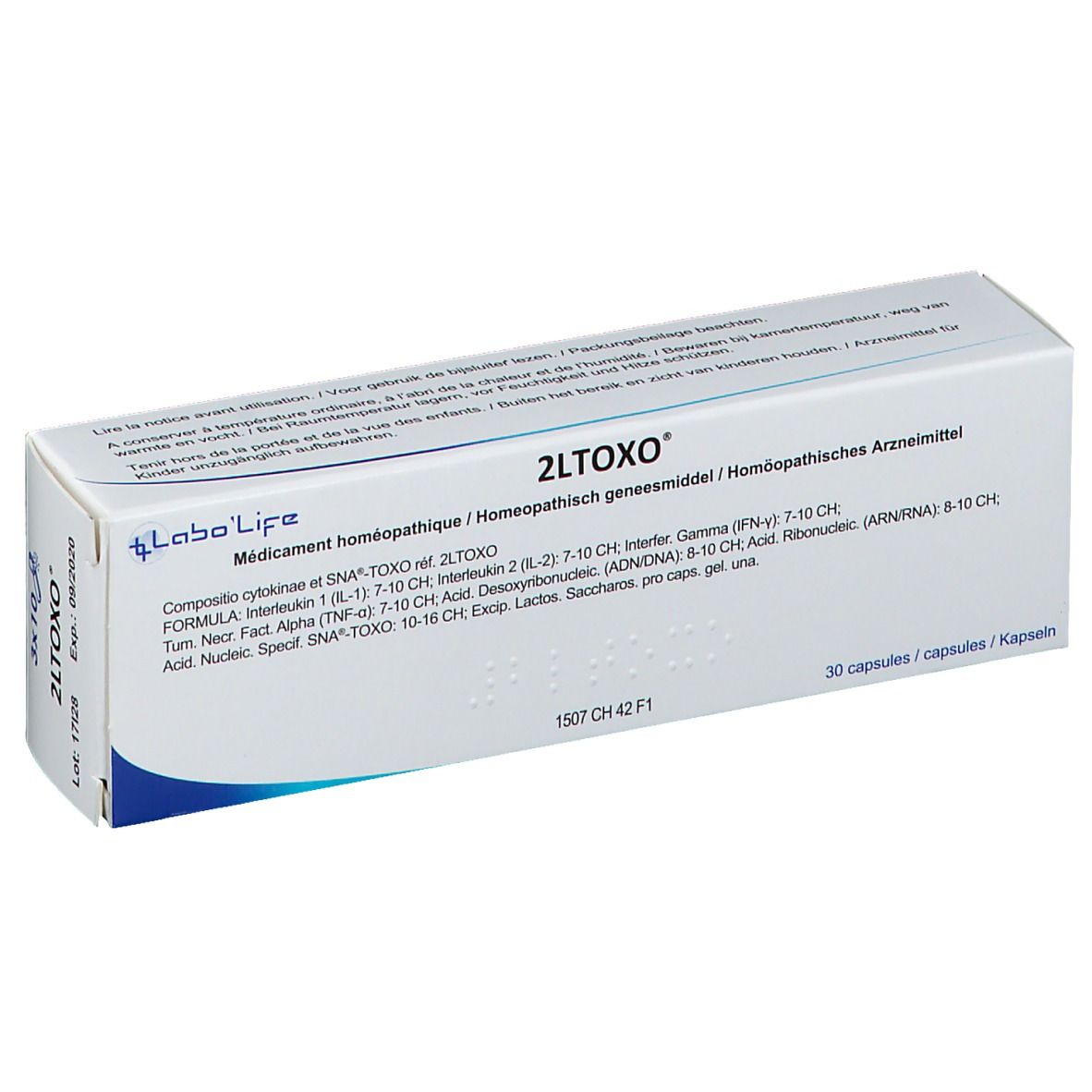 Doosje 2LTOXO met inhoudsinformatie. Witte verpakking met blauw design. Meertalige tekst.