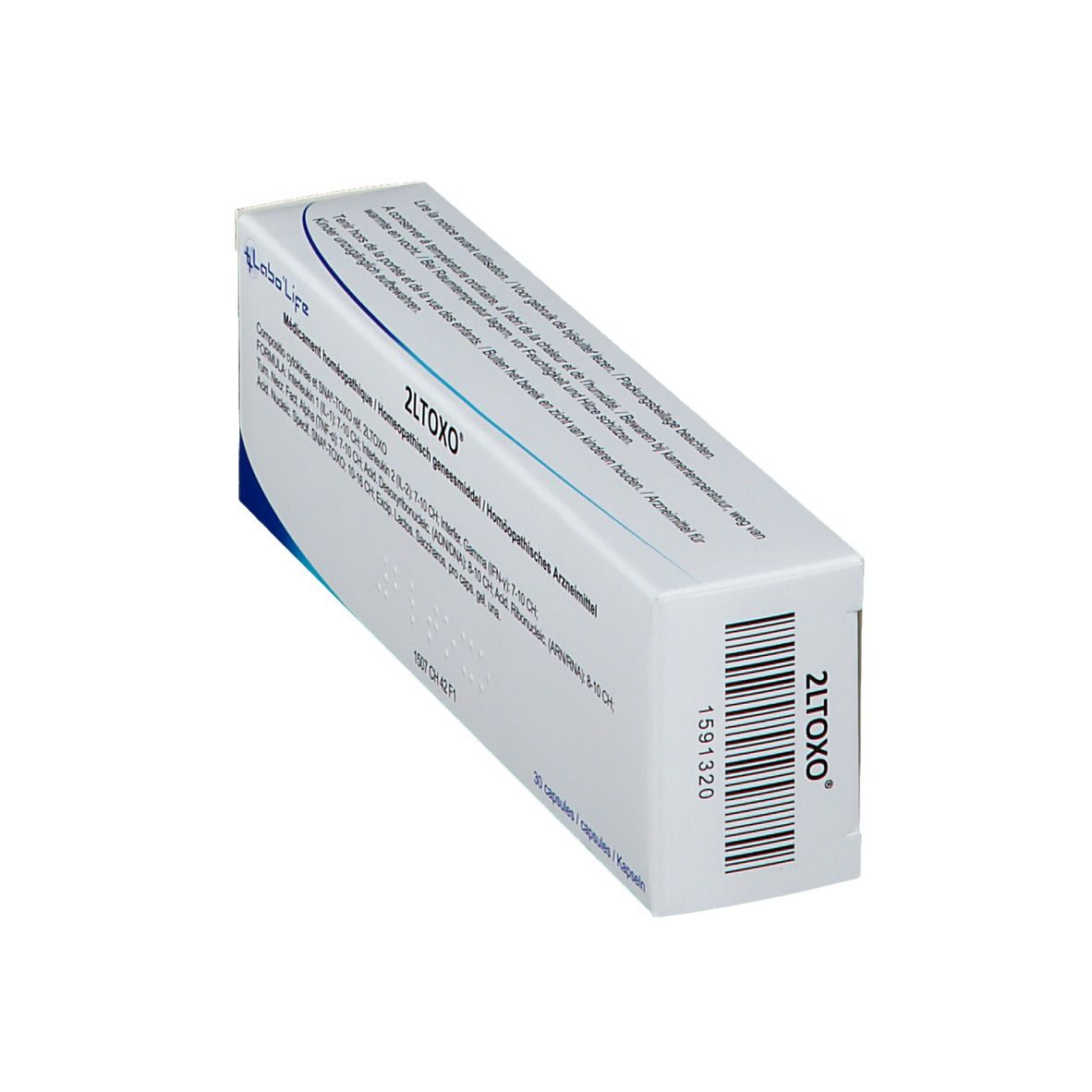 Doosje 2LTOXO, schuin van bovenaf. Witte verpakking met blauw design. Barcode en productnaam zichtbaar.
