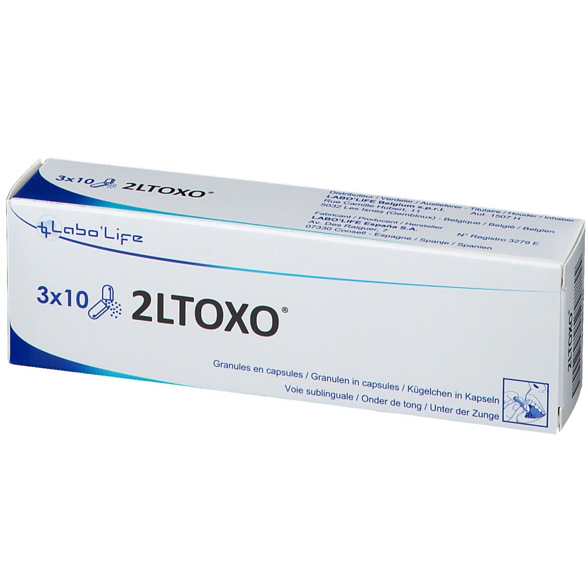 Doosje met 3x10 capsules 2LTOXO. Blauw-witte verpakking met productnaam en logo. Meertalige tekst.