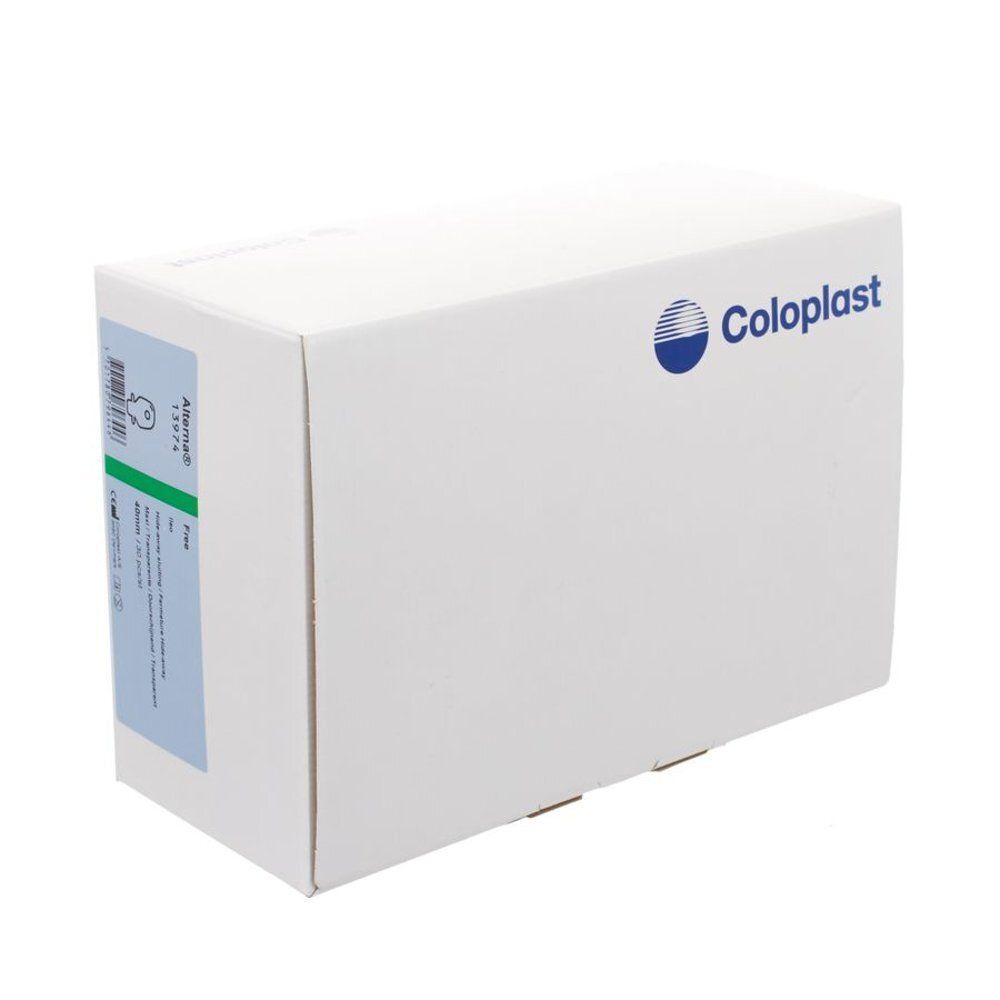 Boîte blanche avec logo Coloplast. Étiquette avec informations produit et code-barres. Vue d'angle.