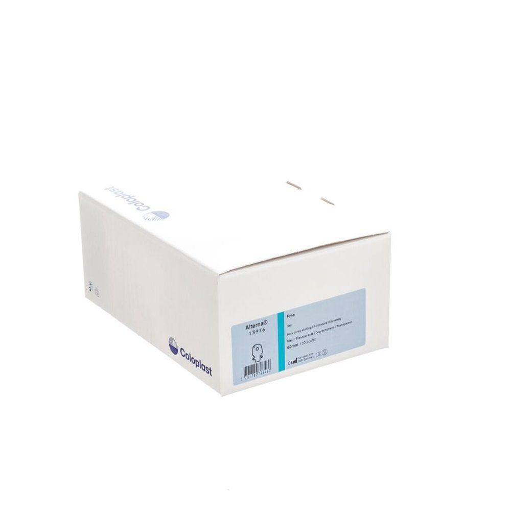 Boîte blanche avec logo Coloplast. Étiquette avec informations produit: Alterna, 13976.