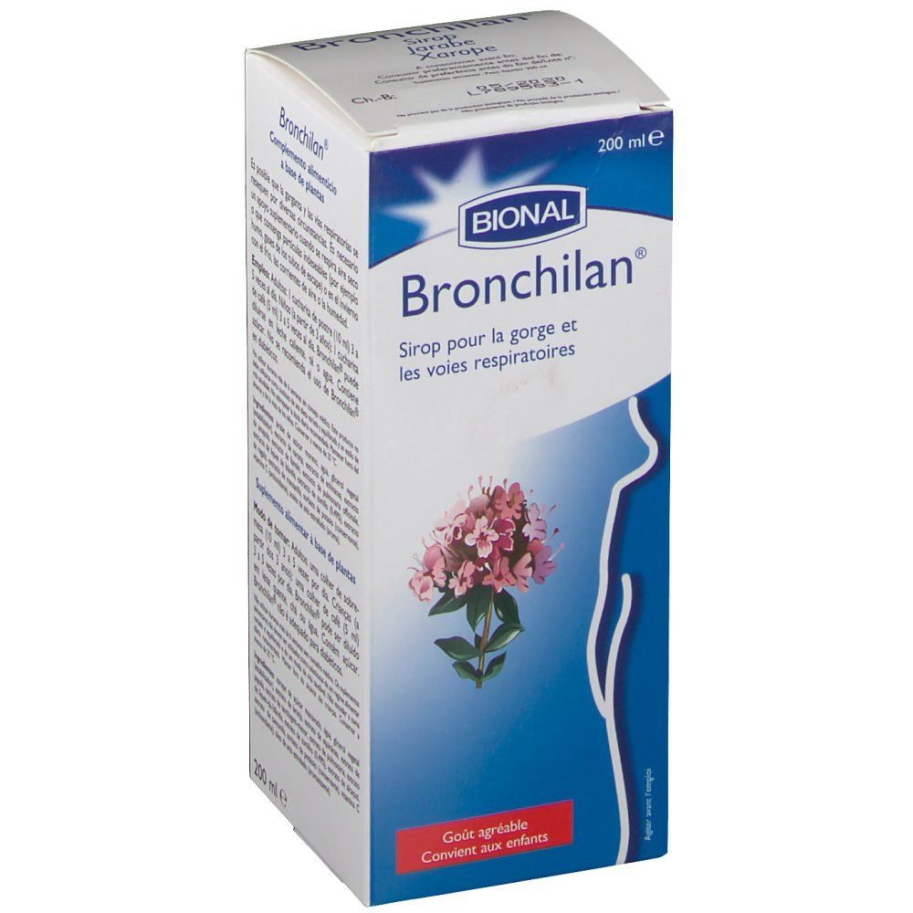 Boîte de sirop Bional Bronchilan. Inscription : Siroop pour la gorge et les voies respiratoires. Illustration d'une fleur.