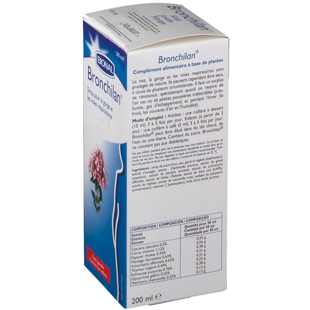 Dos de la boîte de sirop Bional Bronchilan. Texte et ingrédients. 200 ml. Illustration d'une fleur.