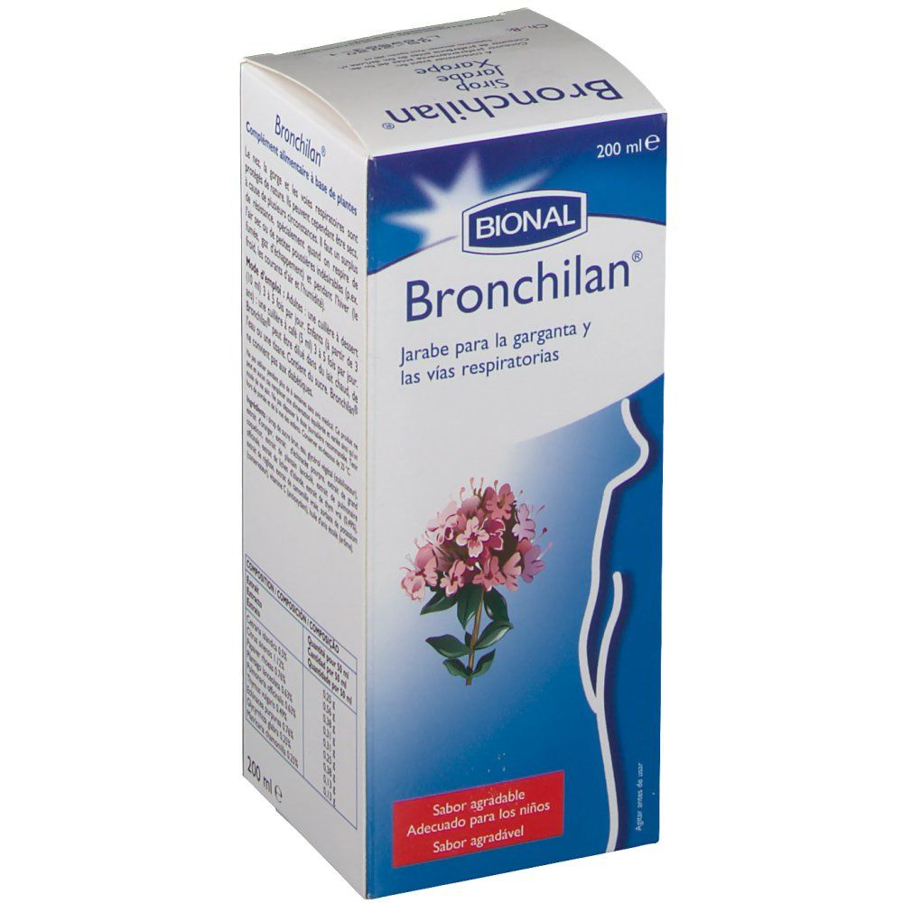 Boîte de sirop Bional Bronchilan. Inscription : Jarabe para la garganta y las vías respiratorias. Illustration d'une fleur.