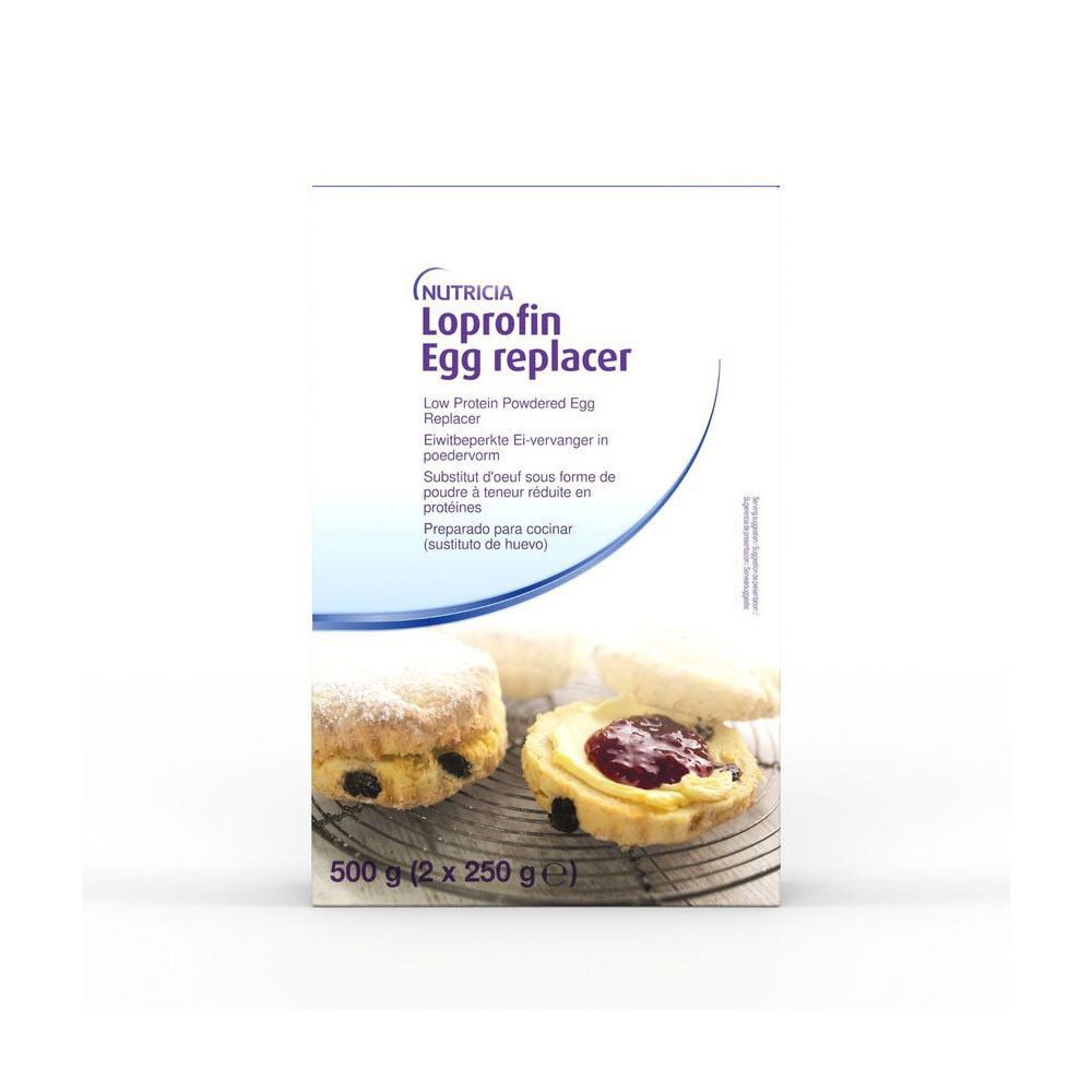 Loprofin Egg Replacer-verpakking. Witte doos met productnaam en gebak. 500g (2x250g).