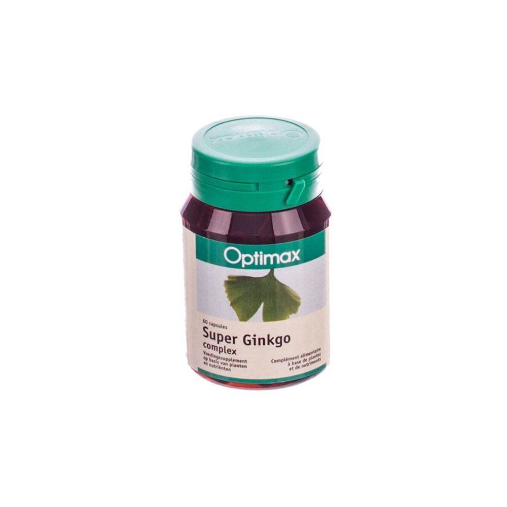 Flacon vert et marron avec une étiquette blanche. L'étiquette indique "Optimax Super Ginkgo complex".