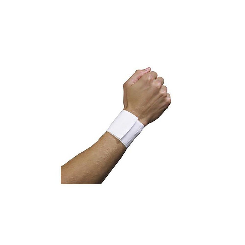 Attelle de poignet blanche avec fermeture velcro, portée sur un bras. Le bracelet est enroulé autour du poignet.