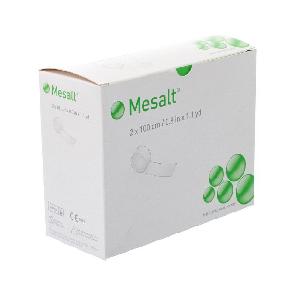 Boîte blanche avec logo vert Mesalt. Inscription : 2 x 100 cm / 0,8 in x 1,1 yd. Marquage CE.