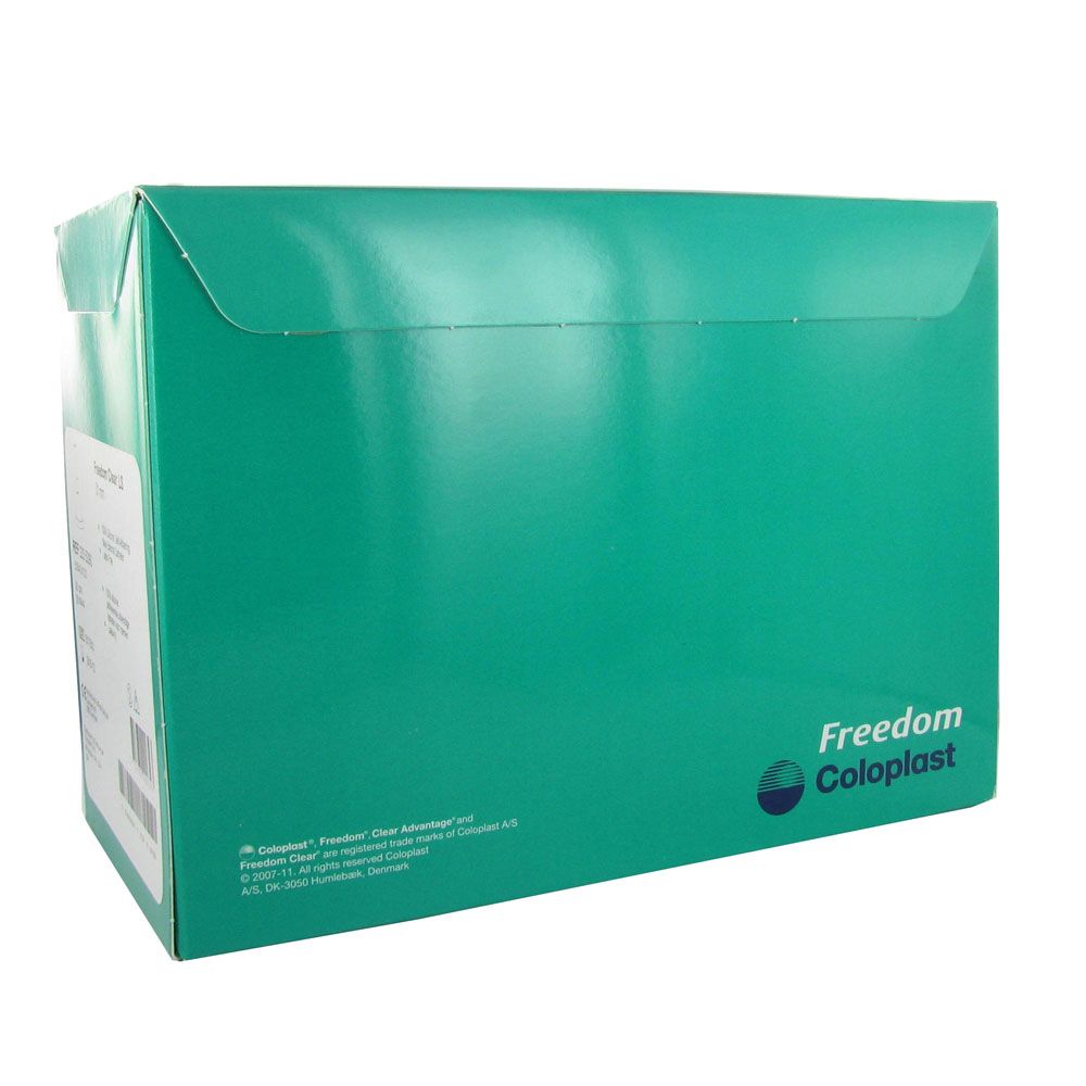 Groene productverpakking. Opschrift "Freedom Coloplast".