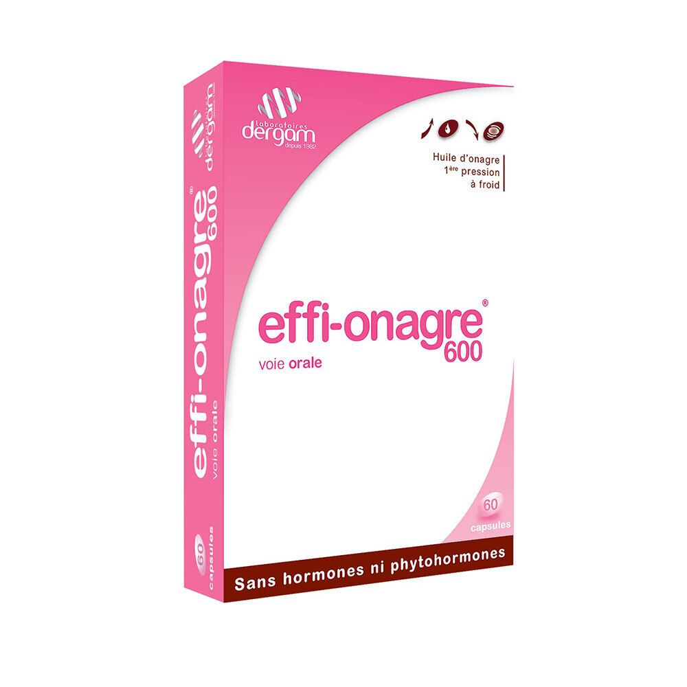 Roze doos met witte tekst: effi-onagre 600, 60 capsules. Logo: dergam. Opschrift: Sans hormones ni phytohormones.