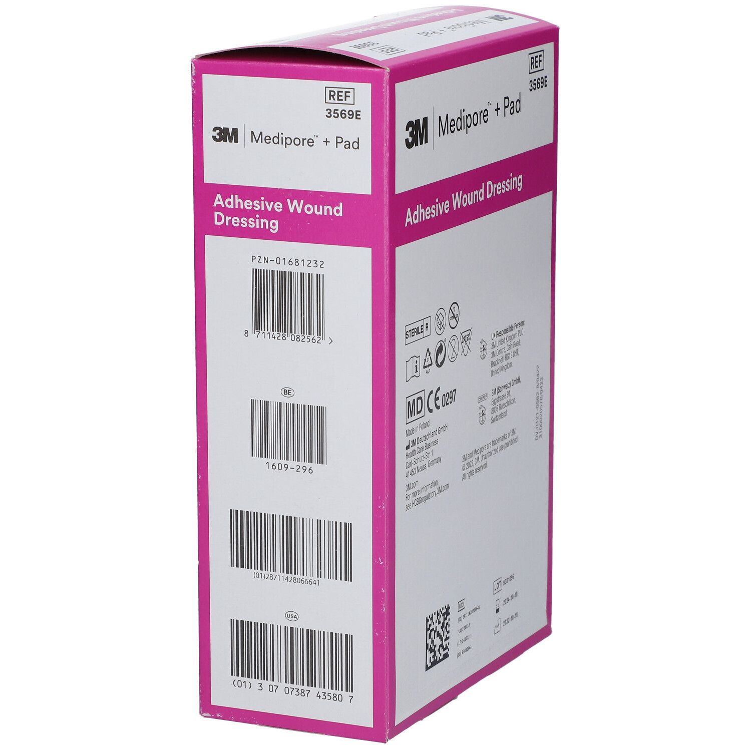 Doos van 3M Medipore + Pad. Opschrift: Zelfklevend wondverband. Afmetingen: 10,0 cm x 15,0 cm. Bevat 25 stuks.